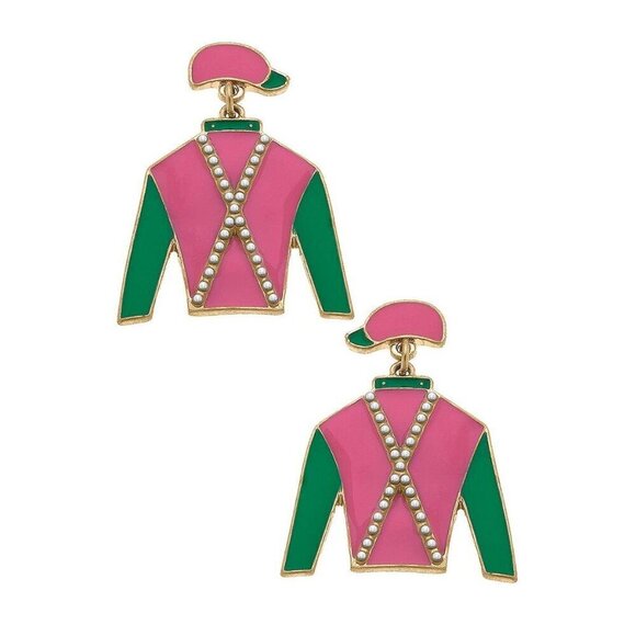 Canvas Style - Justify Jockey Silk Enamel Drop Earrings in Pink & Green - Picture 1 of 1